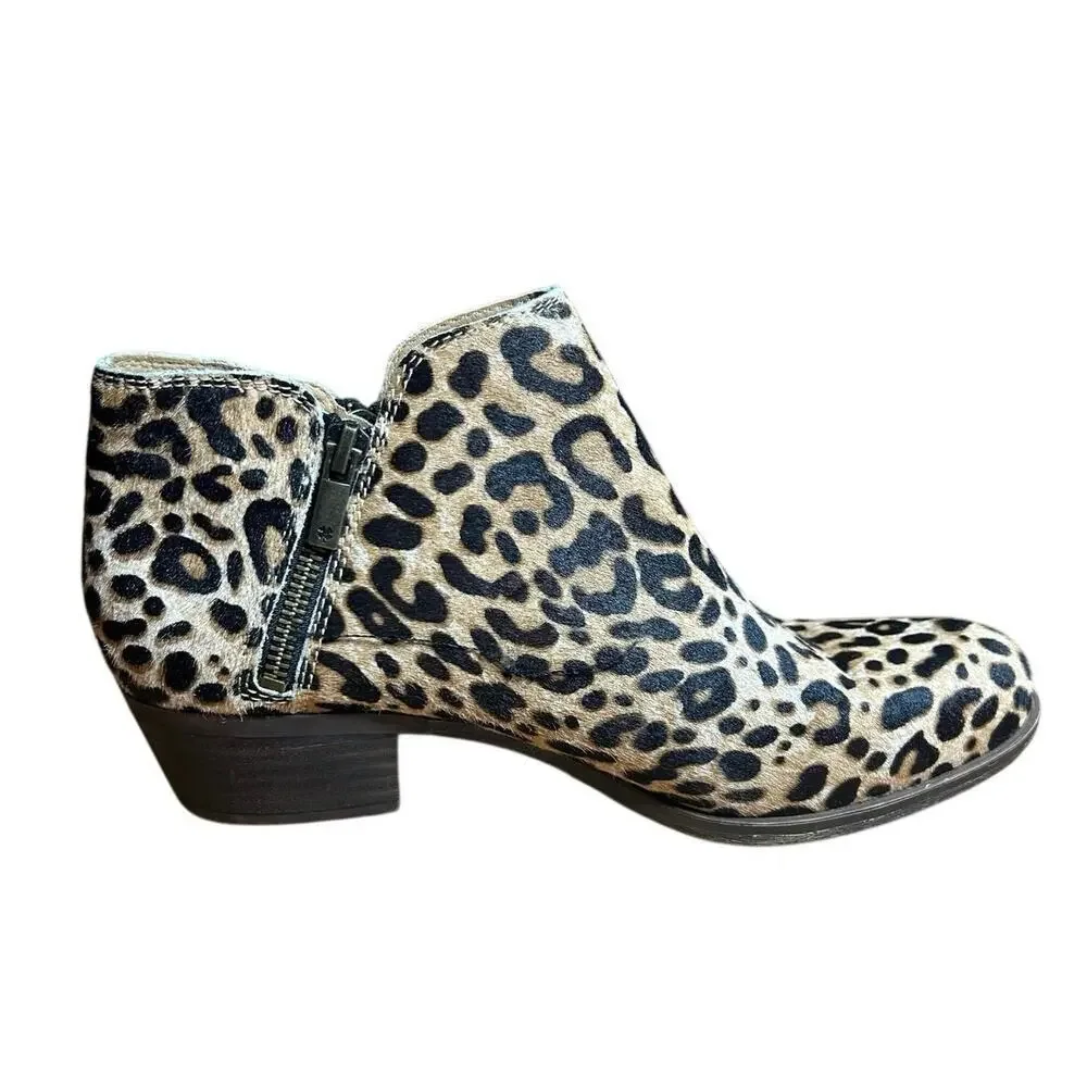 Lucky Brand Basel Double Zipper Ankle Boots Cheetah Leopard Print Leather 8.5